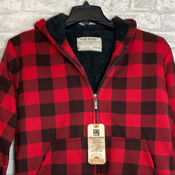 NEW Seven Apparel Red and Black Check Jacket w/Hood Sherpa Lined L (14/16) - Picture 7 of 10